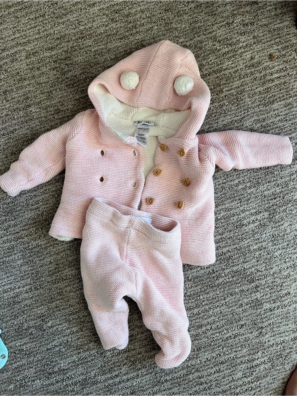 Pink and Cream Knit Hooded Jacket with Heart Buttons